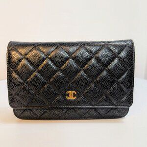 Chanel Black Quilted Caviar Leather Classic Wallet on Chain (WOC)